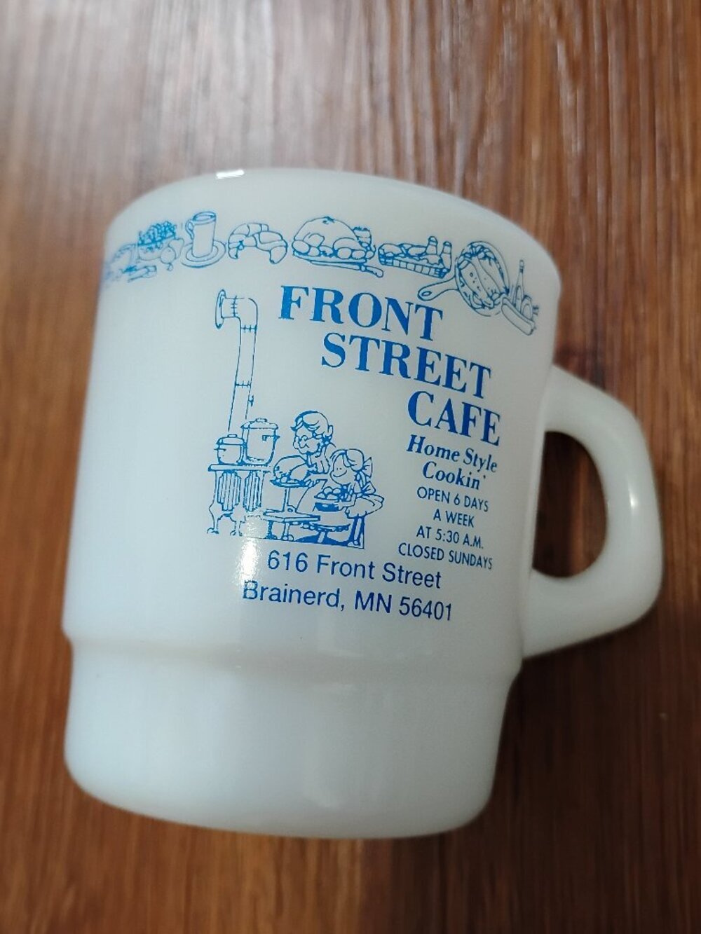 Vintage Fermocris Front Street Cafe Minnesota Milk Glass Mug